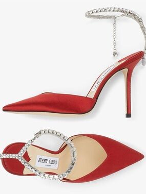 Jimmy Choo Red Velvet Pointed Toe Crystal-Ankle Stiletto Pump